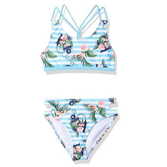 Jantzen Girls Kids Swim Two Piece Floral/Stripe Swimsuit Set Multi Size 7 - Picture 1 of 2